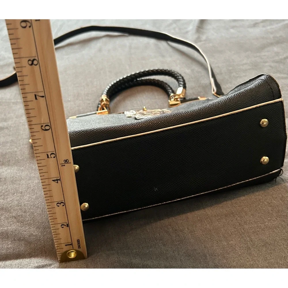 Bebe Black Saffiano Crossbody Satchel Bag Braided Handle Gold Logo Medallion